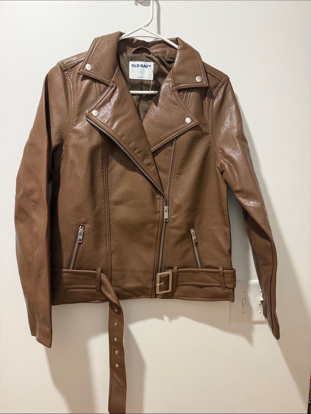 Old Navy Women's Tan Faux Leather Moto Jacket with Belt